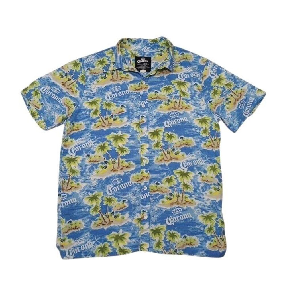 Corona Men's Medium Hawaiian‎ Shirt Button Up Short Sleeve Blue With Trees